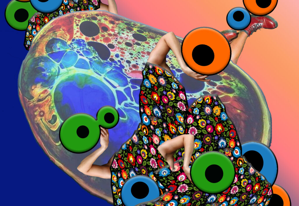 Eine mit grafischen Elementen spielende bunte Collage. Vor einem Hintergrund, der von Blau in Orange wechselt schwebt eine in bunten Farben (blau, grün, rot) marmorierte blasenartige Form. Rechts unten vor der Blase ist ein Art Tuch mit Blümchendruck abgebildet. Aus diesem tauchen Arme auf, diese spielen mit runden farbigen Elementen. Hinter der Blase oben rechts sind Füße in roten DocMartens und Beine bis zum Knie zu sehen. Darauf sind auch runde bunte Elemente platziert. Links oben hinter der Blase ist mehr Tuch mit Blümchendruck, ein Arm und runde Elemente.
